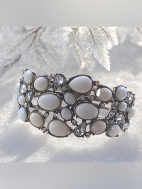 White and Crystal cuff bracelet hinged.